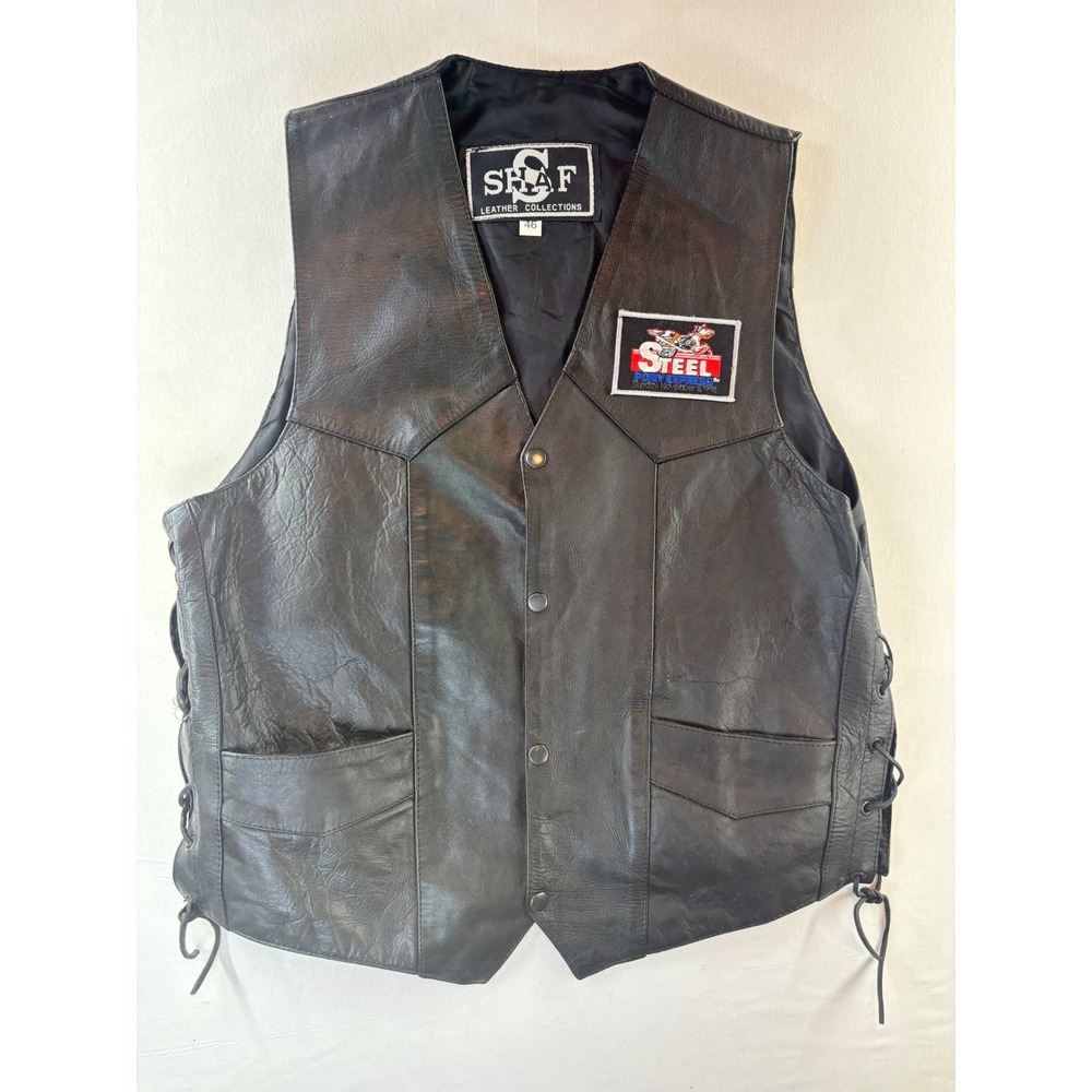 Shaf Leather Mens Black Biker Vest Steel Pony Express Patch Side Lace Size 46